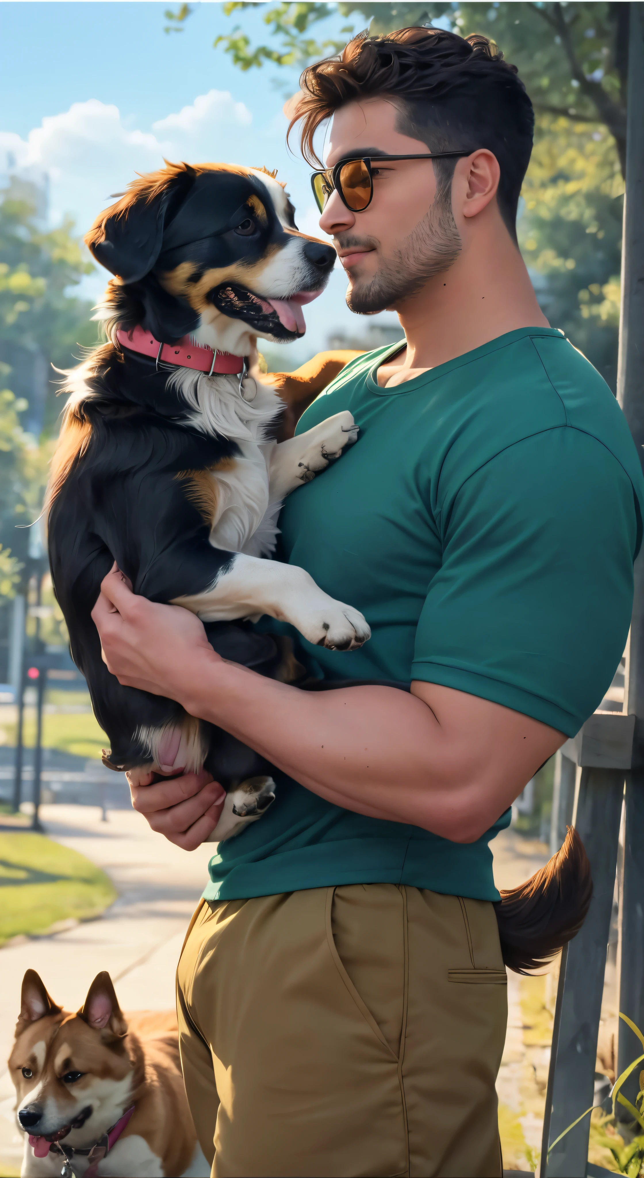 a man is holding a dog and a dog sitting on his lap