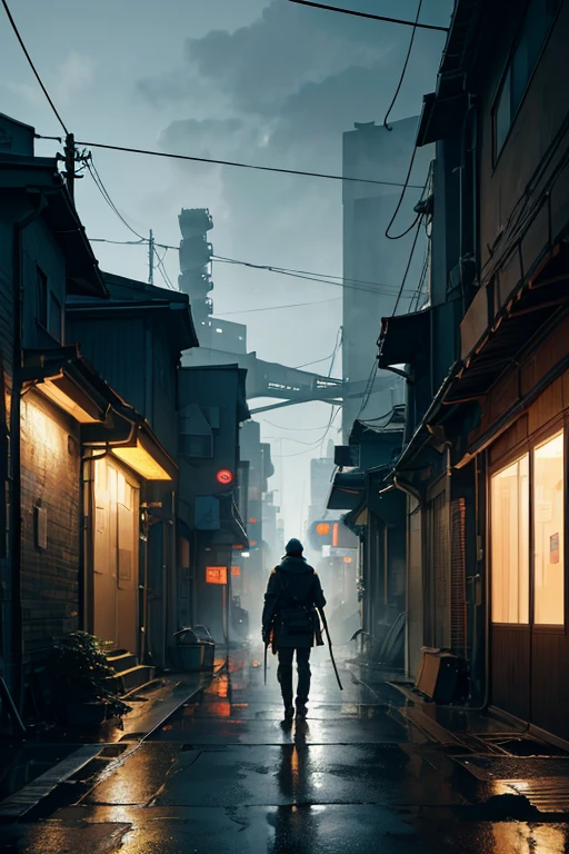 (best quality,4k,8k,highres,masterpiece:1.2),ultra-detailed,(realistic,photorealistic,photo-realistic:1.37),anime,post-apocalyptic,cyberpunk,nighttime,cityscape,Tokyo,2020s,futuristic,dark atmosphere,shadows,silhouette,man standing,vantage point, environment,neon lights,reflective surfaces,grimy streets,mysterious,murky sky,modern architecture,bustling city,anime characters,male protagonist,TV anime still,artistic anime style,detailed background,dark alleyways,Rain pouring down,railway tracks,futuristic buildings,glowing signs,steamy vents,smoke,dark smoke,dystopian setting,colored fog,city lights,power lines, billboards, decay,abandoned cars,moody,expressive characters,texture detail,meticulously hand-painted,lush colors,soft pastel tones,majestic buildings,complex details,mysterious aura,vibrant atmosphere.
