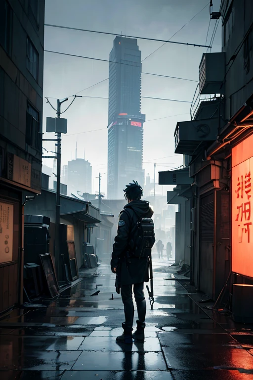 (best quality,4k,8k,highres,masterpiece:1.2),ultra-detailed,(realistic,photorealistic,photo-realistic:1.37),anime,post-apocalyptic,cyberpunk,nighttime,cityscape,Tokyo,2020s,futuristic,dark atmosphere,shadows,silhouette,man standing,vantage point, environment,neon lights,reflective surfaces,grimy streets,mysterious,murky sky,modern architecture,bustling city,anime characters,male protagonist,TV anime still,artistic anime style,detailed background,dark alleyways,Rain pouring down,railway tracks,futuristic buildings,glowing signs,steamy vents,smoke,dark smoke,dystopian setting,colored fog,city lights,power lines, billboards, decay,abandoned cars,moody,expressive characters,texture detail,meticulously hand-painted,lush colors,soft pastel tones,majestic buildings,complex details,mysterious aura,vibrant atmosphere.