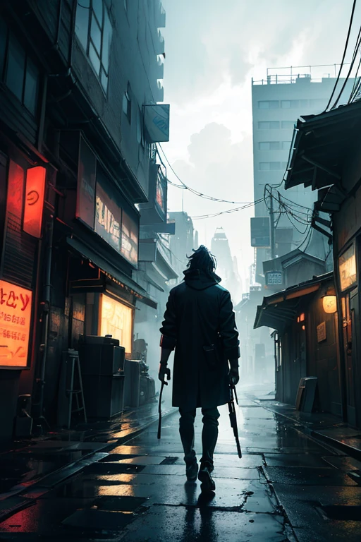 (best quality,4k,8k,highres,masterpiece:1.2),ultra-detailed,(realistic,photorealistic,photo-realistic:1.37),anime,post-apocalyptic,cyberpunk,nighttime,cityscape,Tokyo,2020s,futuristic,dark atmosphere,shadows,silhouette,man standing,vantage point, environment,neon lights,reflective surfaces,grimy streets,mysterious,murky sky,modern architecture,bustling city,anime characters,male protagonist,TV anime still,artistic anime style,detailed background,dark alleyways,Rain pouring down,railway tracks,futuristic buildings,glowing signs,steamy vents,smoke,dark smoke,dystopian setting,colored fog,city lights,power lines, billboards, decay,abandoned cars,moody,expressive characters,texture detail,meticulously hand-painted,lush colors,soft pastel tones,majestic buildings,complex details,mysterious aura,vibrant atmosphere.