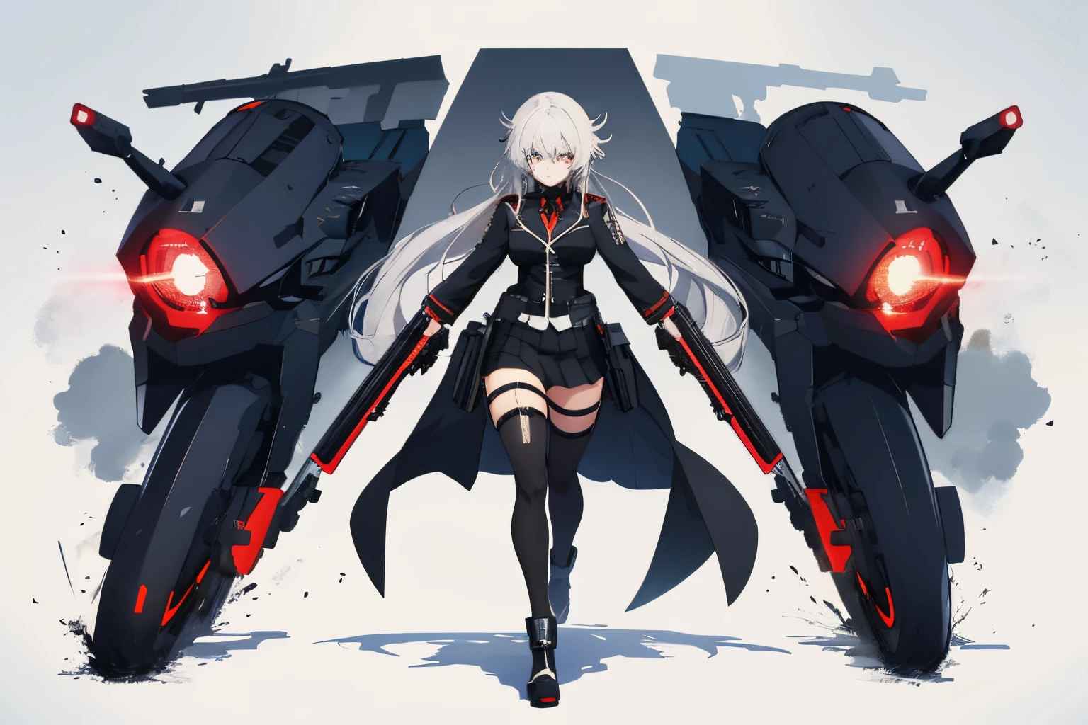 Anime character holding two big guns and a girl in black military uniform, Behind is the fortress,Azure route style,cabelos preto e longos,Red laser,Anime manga girl, cyberpunk anime girls mecha, Anime style 4k, 2 d anime style, trigger anime artstyle, Anime cute art style, Female action anime girl, best anime 4k konachan wallpapers