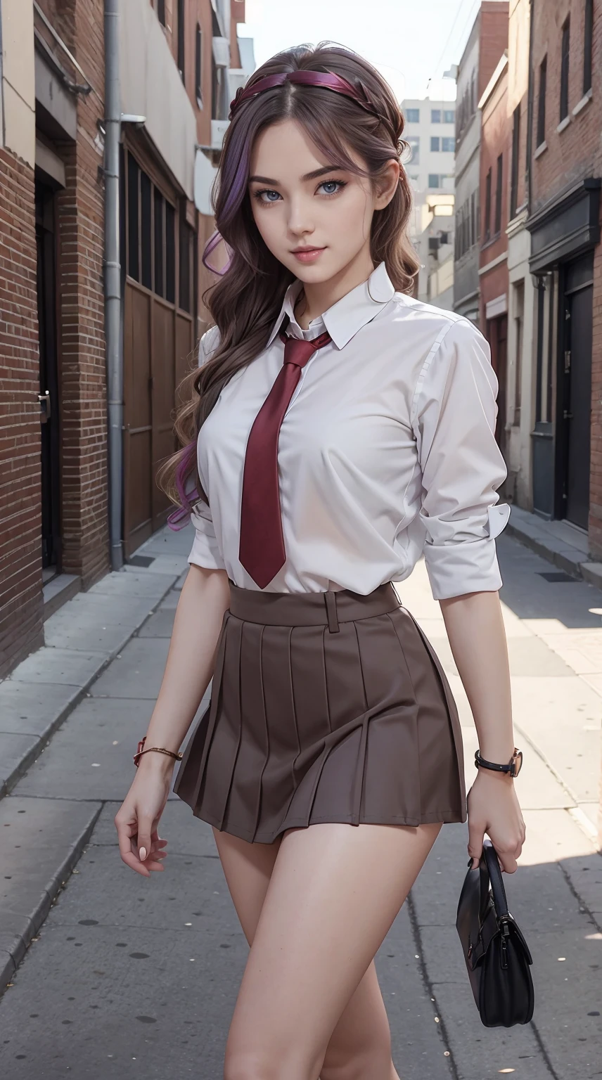a 25yo woman、Hair color is a gradient color、Eye color is blue、Semi-long、hair is wavy、I'm wearing eyeshadow and lipstick、I'm wearing a headband、accessories on wrist、Slender but well-proportioned muscular body、wearing a tie front shirt、She's wearing a low-rise mini pleated skirt.、I'm in an alley of brick buildings in an old western city、standing with legs crossed、a smile、Looking at the camera