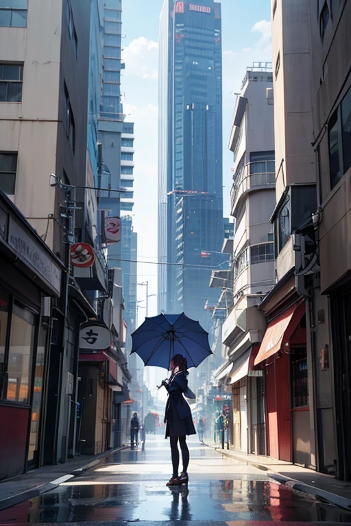 Anime scene of a woman standing in front of a building holding an umbrella, Tokyo anime anime scenes, Screenshot of the 2012 animation, anime style cityscape, Madhouse Studio anime style, Kuro anime screenshots, anime scene, TV animation stills, cyberpunk gunma prefecture, screenshot from the anime film, anime screenshot, anime movie screenshot