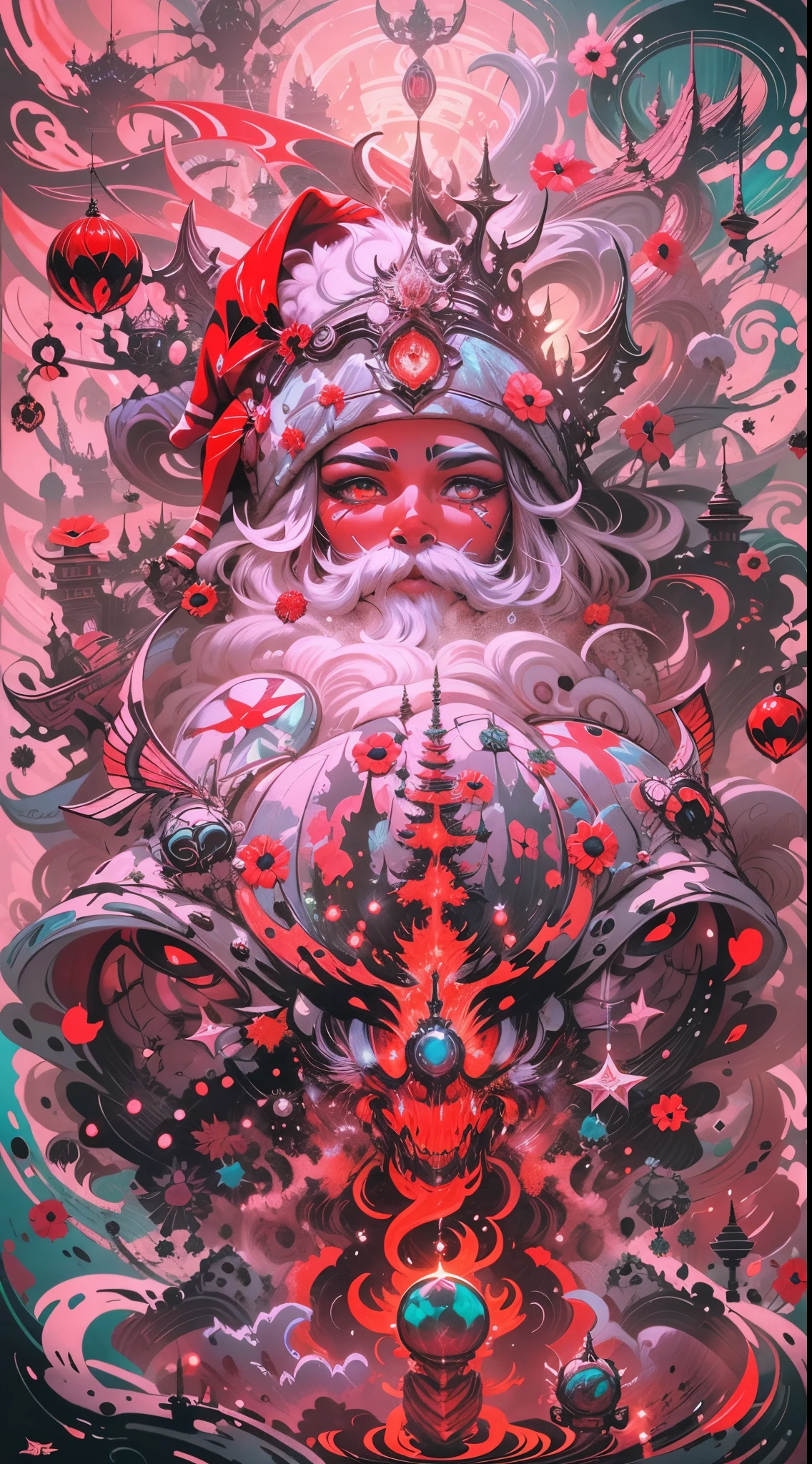 Explosive, otherworldly painting of a shape-shifting deity adorned with chaotic Santa Claus motifs and omnipresent, piercing eyes, a breathtaking amalgamation of fine art and captivating photo collage, mesmerizing poster design:: their appearance exuded the enigmatic allure of Christmas minimalism fused with cosmic chaos:: --ar 9:16 --s 963 --c 9 --q 2 --v 5