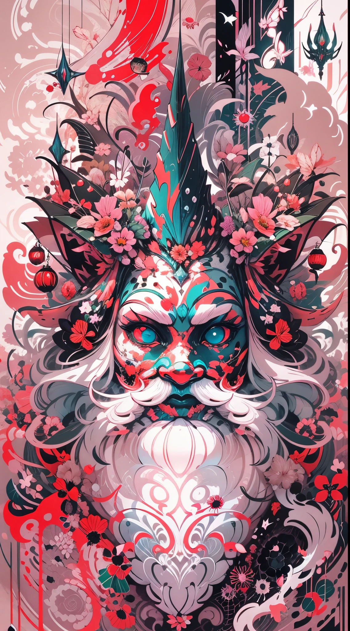 Explosive, otherworldly painting of a shape-shifting deity adorned with chaotic Santa Claus motifs and omnipresent, piercing eyes, a breathtaking amalgamation of fine art and captivating photo collage, mesmerizing poster design:: their appearance exuded the enigmatic allure of Christmas minimalism fused with cosmic chaos:: --ar 9:16 --s 963 --c 9 --q 2 --v 5