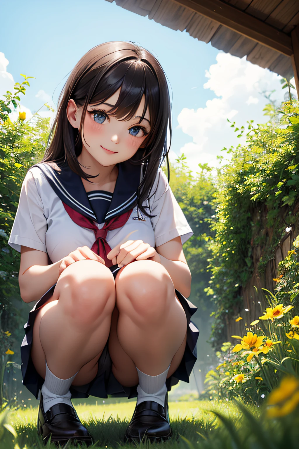 Very cute and beautiful girl,(very detailed beautiful face and eyes:1.2), Smile,Black hair,Sailor School Uniform,(Navy blue pleated mini skirt),Cowboy Shot, (From below:1.2),(Squatting),Beautiful legs,White panties, Flower Garden,grassy fields,shrubbery, (Best Quality,masutepiece:1.2),Intricate details,hight resolution,Extremely detailed,Cinematic lighting,Solo,