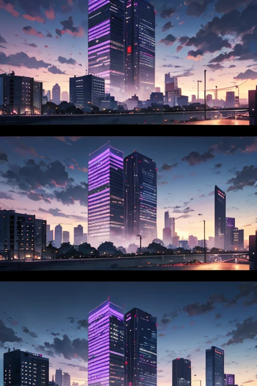 Purple buildings in the city,There is a bell tower at the top, Madhouse Studio anime style, Kuro anime screenshots, Tokyo anime anime scenes, screenshot from the anime film, Screenshot of the 2012 animation, anime style cityscape, Rio de Janeiro in an animated film, TV animation stills, Opening scene, style of madhouse anime