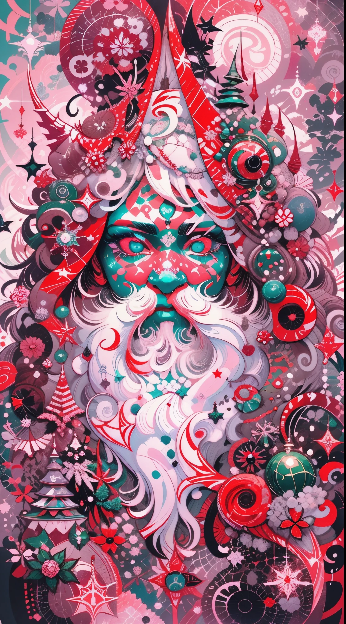 Explosive, otherworldly painting of a shape-shifting deity adorned with chaotic Santa Claus motifs and omnipresent, piercing eyes, a breathtaking amalgamation of fine art and captivating photo collage, mesmerizing poster design:: their appearance exuded the enigmatic allure of Christmas minimalism fused with cosmic chaos:: --ar 9:16 --s 963 --c 9  --q 2  --v 5