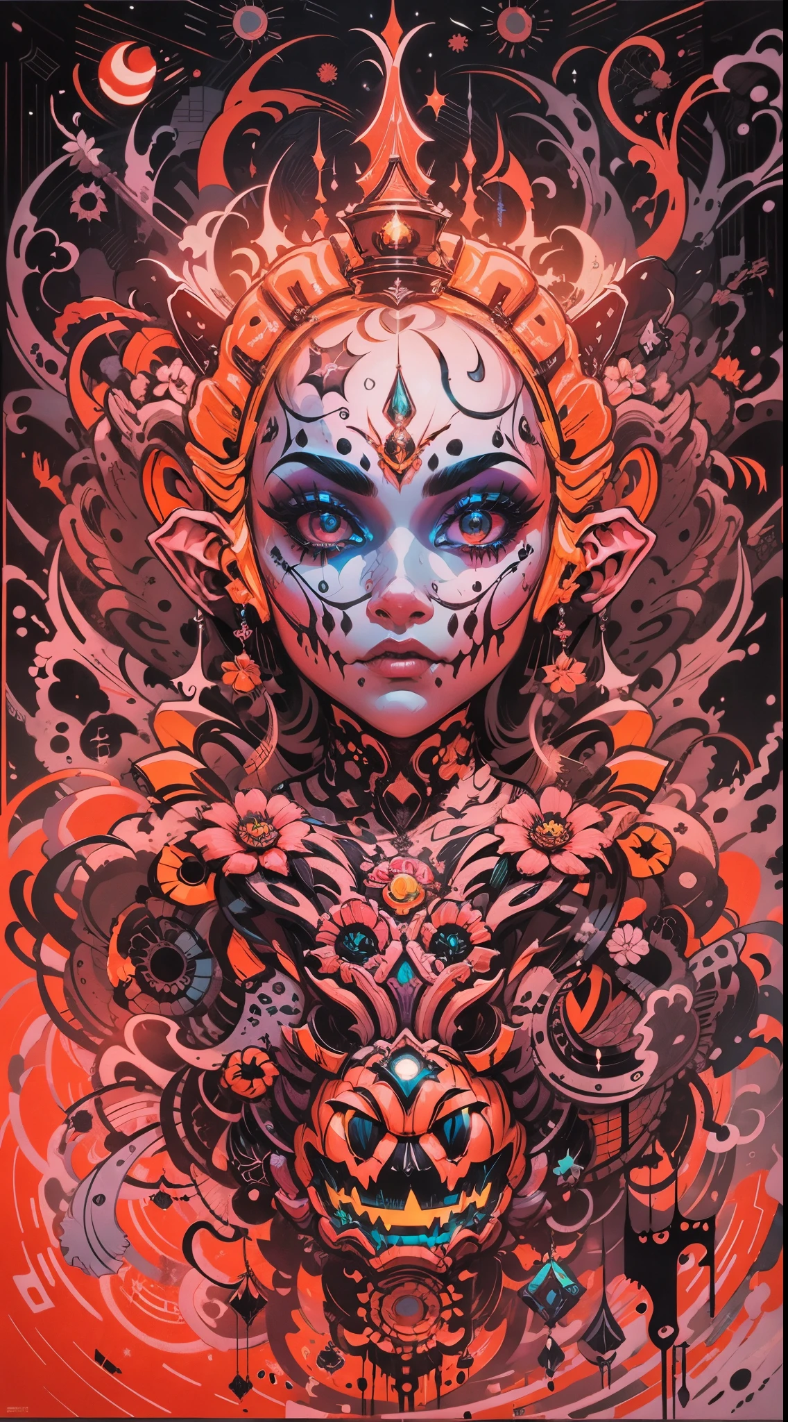 Explosive, otherworldly painting of a shape-shifting deity adorned with chaotic Halloween motifs and omnipresent, piercing eyes, a breathtaking amalgamation of fine art and captivating photo collage, mesmerizing poster design:: their appearance exuded the enigmatic allure of Jack-o'-lantern minimalism fused with cosmic chaos:: --ar 9:16 --s 963 --c 9  --q 2  --v 5