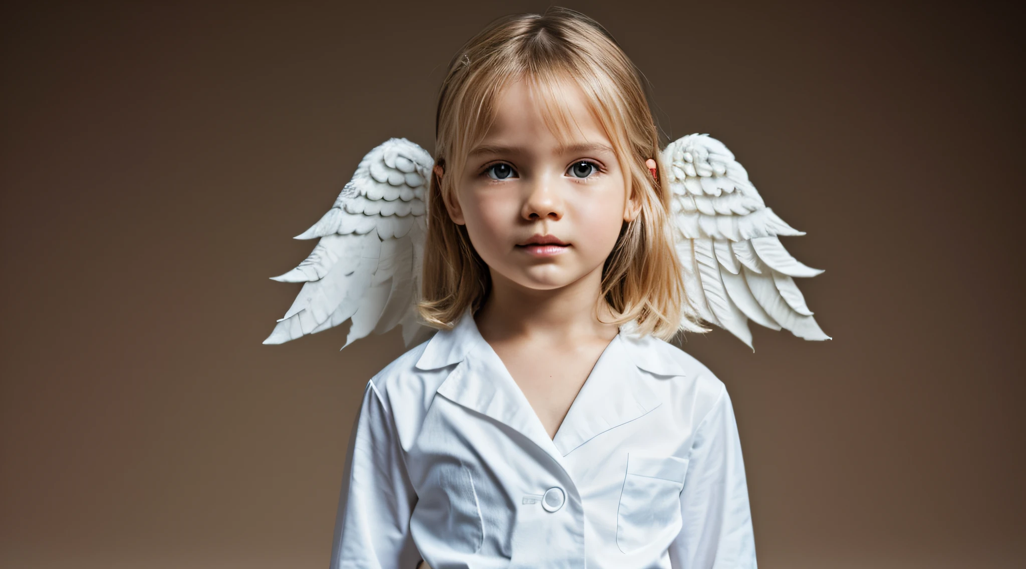 robotic angel cyborg KIDS GIRL BLONDE posing menacingly, estilizado por Gareth Pugh, metalic, iridescente, neon light, Fotografia de Moda,