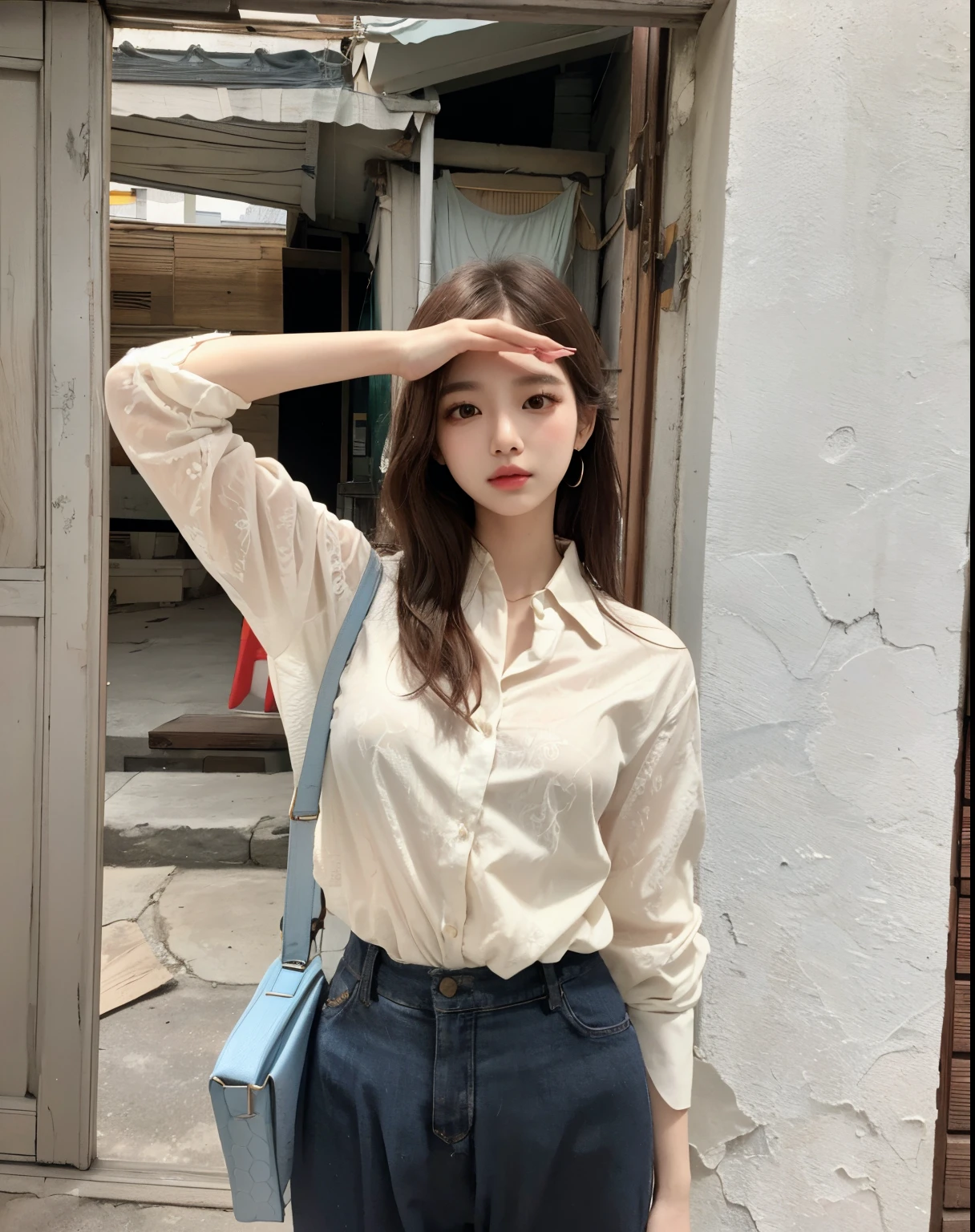 hay una mujer parada frente a un edificio con la mano en la cabeza, Elegante camisa beige delgada, Chica coreana, usar una blusa, blusa color crema, Jaeyeon Nam, Bae Suzy, Hermosa joven coreana, Modelo de moda femenina coreana, Llevar en camisa, con una camisa ligera, Camisa beige de Wear, Hermosa joven coreana, Heonhwa Choe
