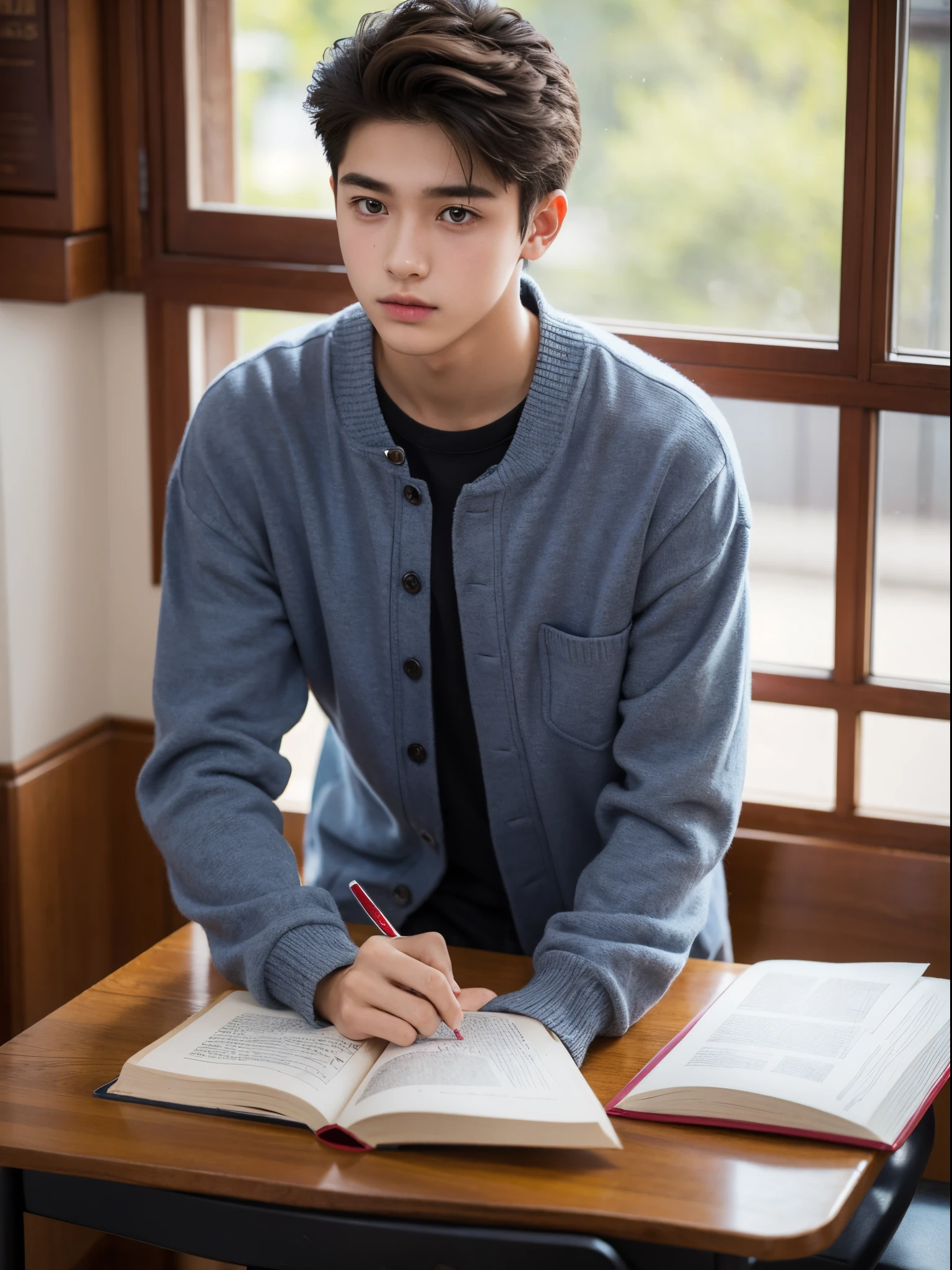 (best quality,realistic)an anime boy sitting by the window, facing sideways, looking outside, wearing a gray hoodie, in a dimly lit room at night, wearing black pants.