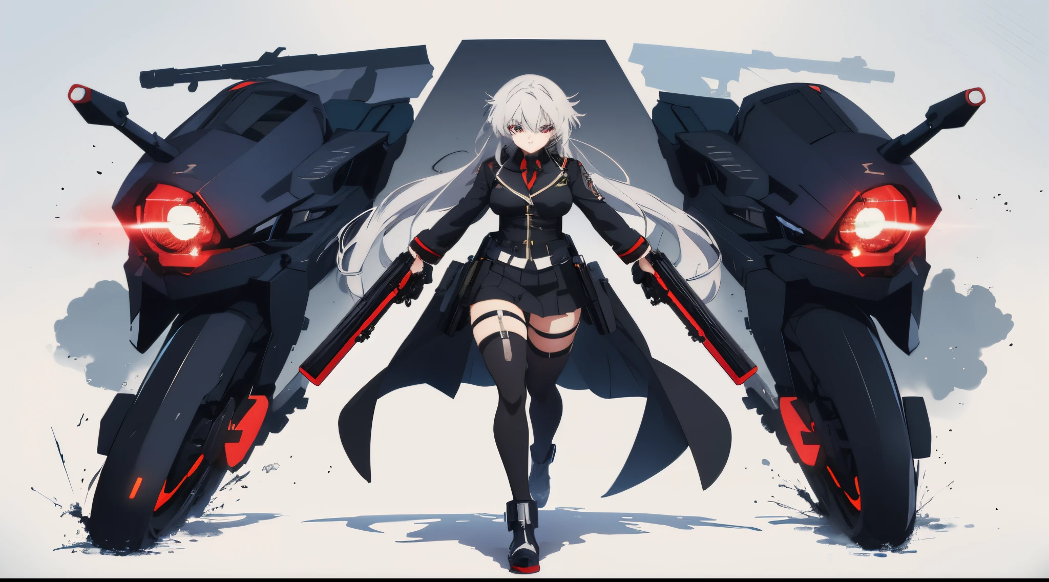 Anime character holding two big guns and a girl in black military uniform, Behind is the fortress,Azure route style,cabelos preto e longos,Red laser,Anime manga girl, cyberpunk anime girls mecha, Anime style 4k, 2 d anime style, trigger anime artstyle, Anime cute art style, Female action anime girl, best anime 4k konachan wallpapers