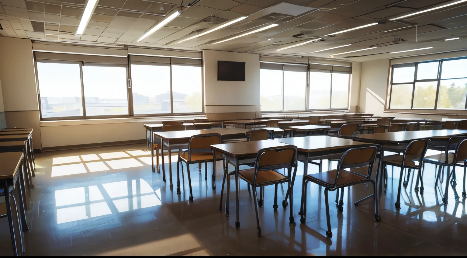 inside classroom, no people, empty, sunny day