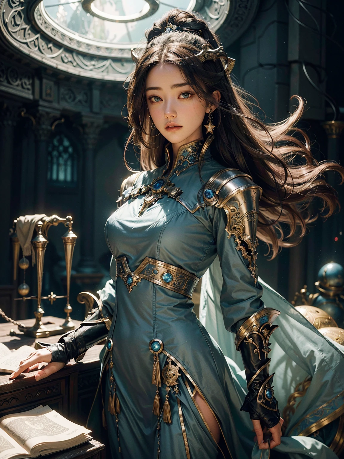 (best quality,4k,8k,highres,masterpiece:1.2),ultra-detailed,(realistic,photorealistic,photo-realistic:1.37),1girl in medieval clothes,(koh_amberheard:1.3),(sci-fi spaceship),(outer space),illustration,purple and blue color tones,mysterious lighting,star-filled background,detailed spaceship interior,cloak made of velvet,golden embroidery,enchanted atmosphere,ancient parchment map,advanced technology blending with ancient aesthetics,single light source casting dramatic shadows on the girl's face,luminous gauges and buttons on the spaceship control panel,reflection of stars on the girl's eyes,spacious spacecraft with intricate details,transparent dome revealing the vastness of space,powerful engines emitting blue flames,fragile and floating star fragments,ornate and intricate architectural elements,halo of light surrounding the girl,meticulously crafted medieval armor,medieval fantasy meets futuristic technology,artistic and ethereal composition,deep sense of wonder and adventure,enigmatic expression on the girl's face,floating books and scrolls with ancient spells and incantations,faint whispers of forgotten tales,powers of ancient magic intertwined with advanced science,spellbinding combination of past and future. edgQuality,antiBlurV2,CR1.3 , (spaceship)