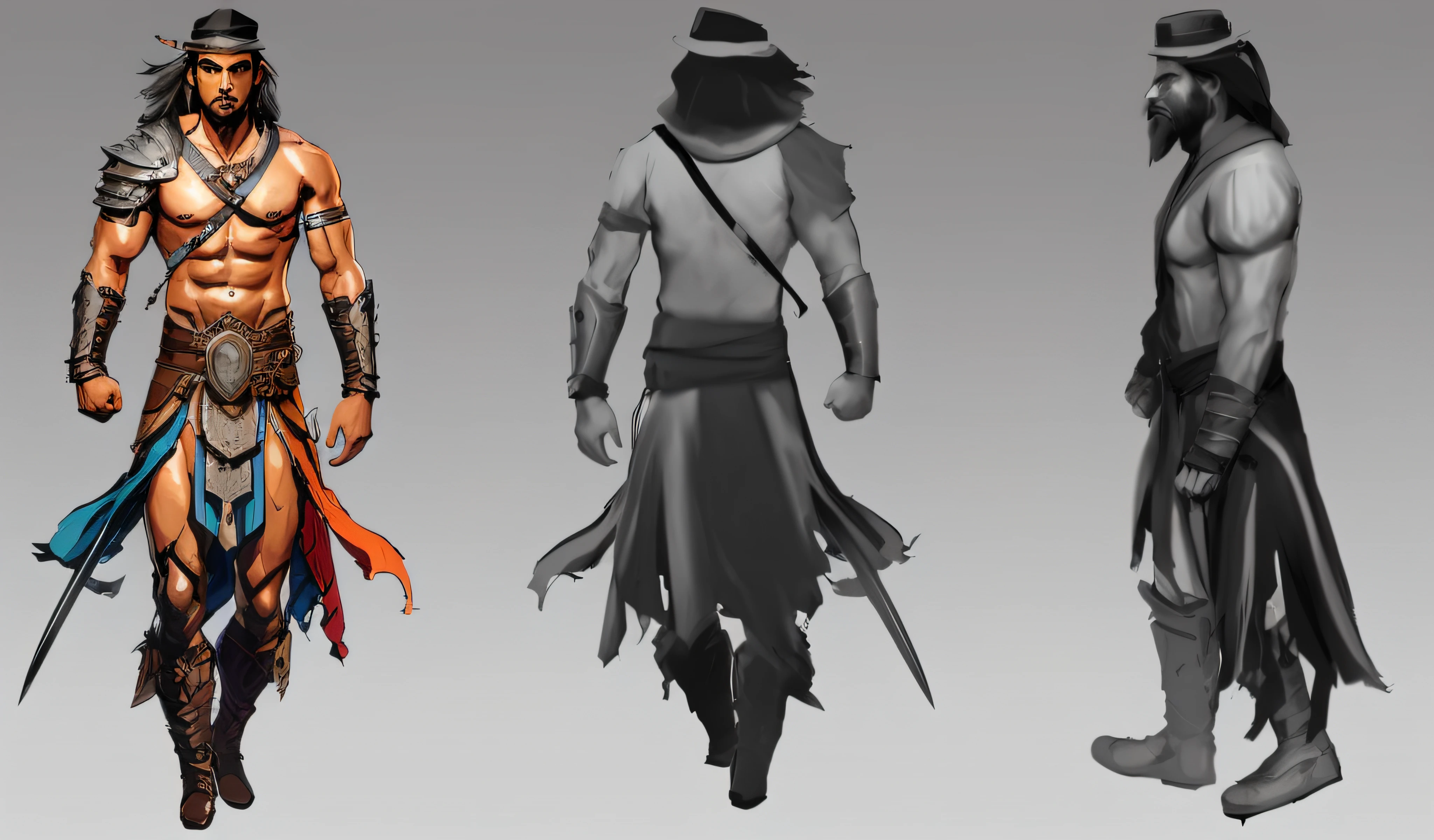 Three different poses of man holding sword and hat, Concept art character modeling, Characters in concept art, game character concept art, concept art characters, 8k character concept art, 8k character concept art, Concept Art of Game, Game character art, video game character concept, concept character, stylized concept art, detailed full body concept art, concept character art