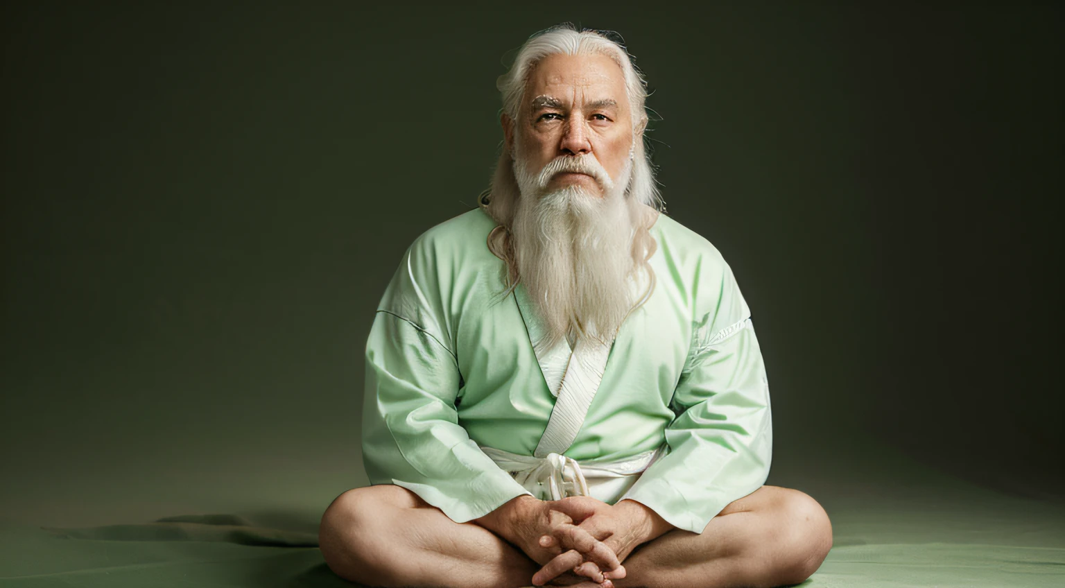 tmasterpiece, Best quality, (The medium scene is),((sitting cross-legged)),philosopher,contemplative,70 years old,Old man has wrinkles on his face, Absolutely positive, intense white hair, white mustache,Bearded,actual, robe,Plain robe, high high quality, Upper part of the body,fully body photo,Global light, solid green background, solid green background,Green background