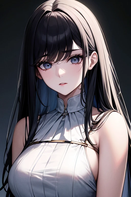 A woman with pale skin, Cabello negro lacio. ojos grandes y oscuros , with an intense and enigmatic expression. Llevar el estilo Orphan Movie Clothe, with a more elegant and sophisticated touch, algo que coincide con su misteriosa y fuerte personalidad. En general, Its appearance would be striking, atrayendo miradas curiosas e intrigadas. pecho grande, cinematic lighting