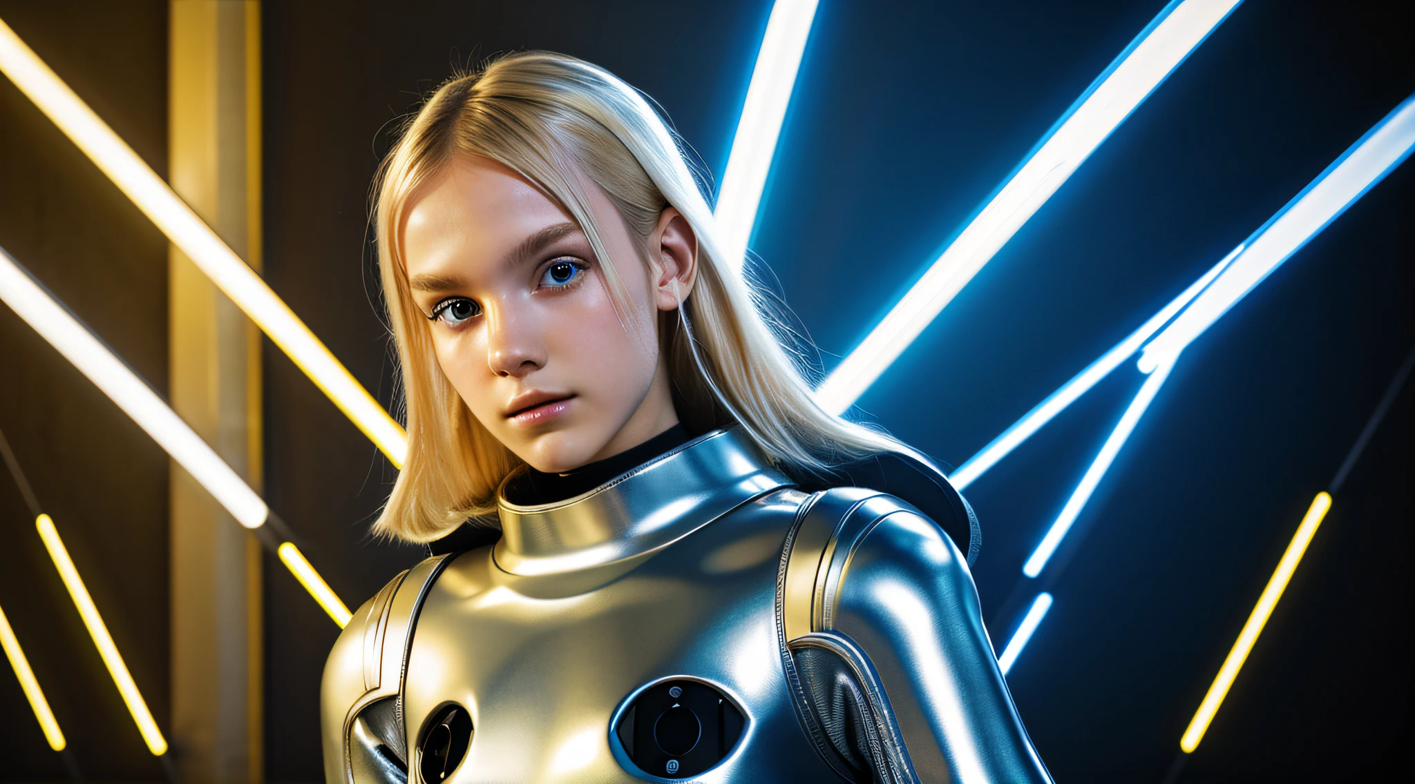 robotic angel cyborg KIDS GIRL BLONDE posing menacingly, estilizado por Gareth Pugh, metalic, iridescente, neon light, Fotografia de Moda,