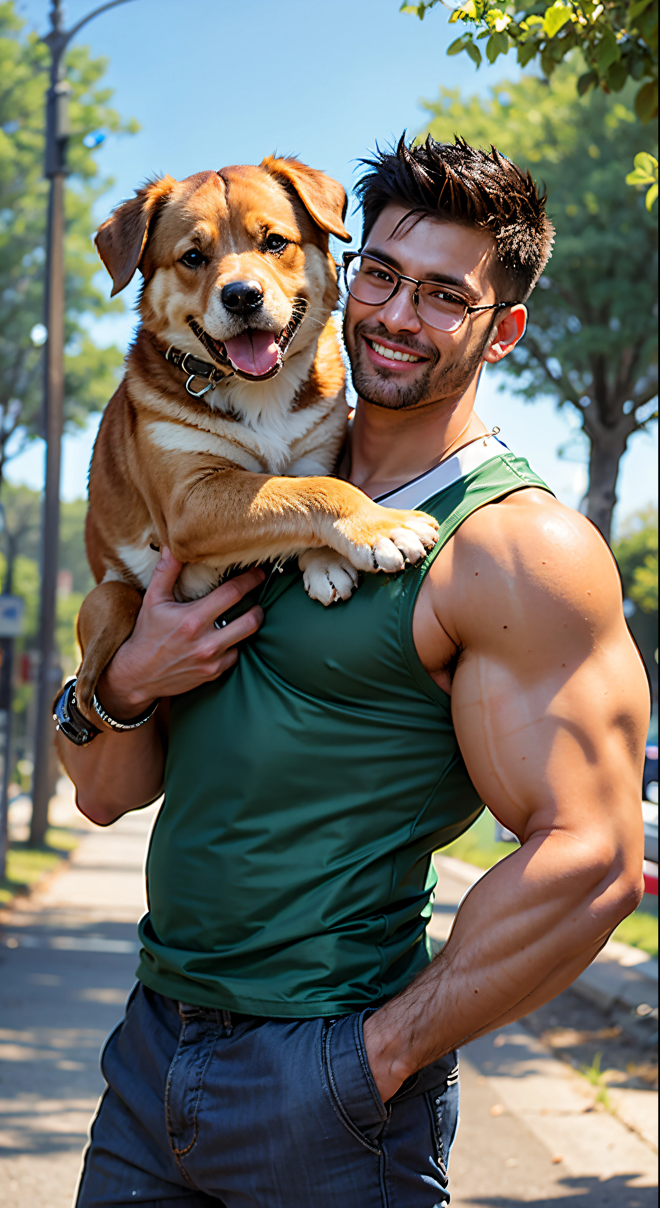 man holding a dog in his arms while standing on a sidewalk