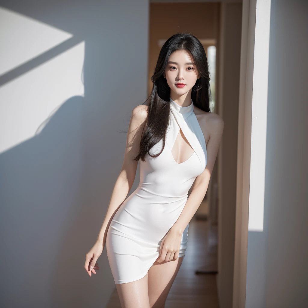 White Room、Black one-shoulder dress、Standing posture、(Highest quality)、((Very detailed))、4K、(8k)、masterpiece、Very detailedな、Highest quality、Super Resolution、1 person、Kind Face、Soft Light、RAW quality、Soft Skin、163cm、28 years old、From the knee up