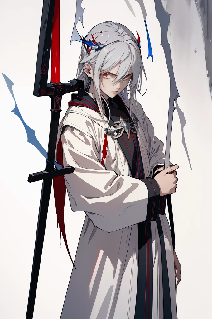 (Best Quality, Masterpiece:1.3), 1 male, silver hair, bright pupils, parted hair, white mantle with red and blue accents, expressionless, He holds 2 swords in his hands, One with a blue flame, the other with a red flame,