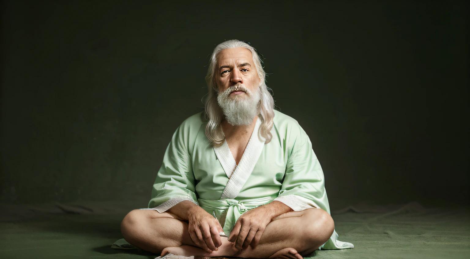 tmasterpiece, Best quality at best, (The middle view is)，(((sitting cross-legged)）),philosopher，Brooding，70 years old，Old man has wrinkles on his face, Absolutely positive, intense white hair, white mustache，Grow a beard，actual, robe，(Full body plain robe)， high high quality, Upper part of the body，Full body photo，Global light, solid green background， solid green background，Green background