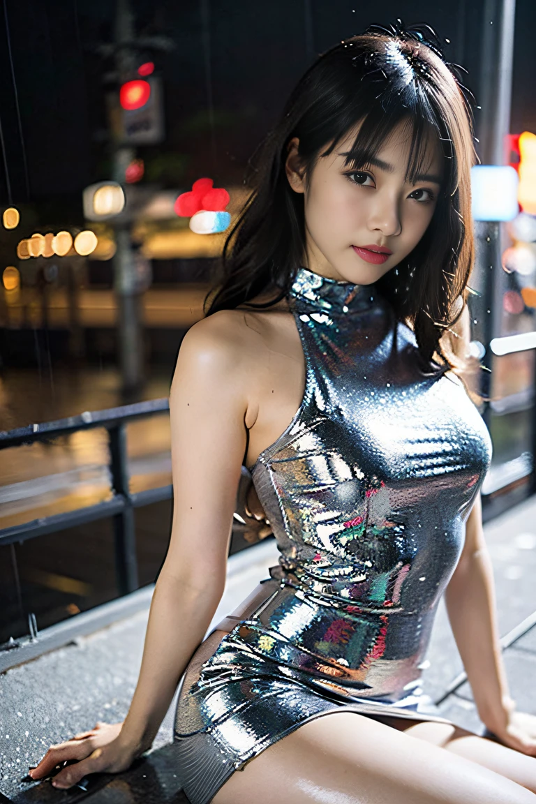 (((1 woman: 2))), ((Beautiful girl in stylish super shiny silver latex miniskirt dress)), (Super body fit silver latex miniskirt dress:1.5), ((Beautiful girl on the roof of a building with beautiful night view)), (18 year old pretty girl), ((1screen)), in 8K, RAW shot, (Angle from the side:1.5)、top quality photo, masutepiece, Nice realistic photos, ((Anatomically correct proportions: 1.5)), Beautiful black-haired woman like a Japanese actress, small head, Detailed face, Detailed eyes, Narrow Nose, Detailed fingers, detailed arms, Detailed skin, Detailed legs, short torso, (Narrow waist:1.5), Large breasts, Small buttocks, Posing for gravure photos, ((Sitting with crotch open)), Heavy rain , (Rain-drenched body: 1.2), (Bodysuit with water droplets: 1.2), (Rain-soaked hair: 1.2) , (Rain-soaked bangs: 1.2), Beautiful woman in high neck off shoulder mini skirt dress