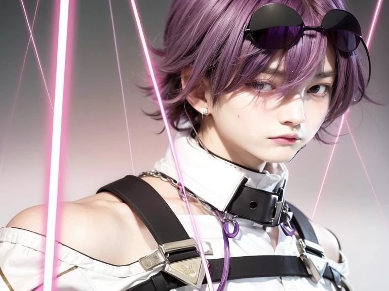 A beautiful cosplaying man with purple hair, purple eye and with a white shirt, slim body, , gapmoe yandere, akasuki voidstar, inspired by Kafka from honkai star raill, male actor from japan, kento yamazaki, mackenyu arata, yuki yamada.