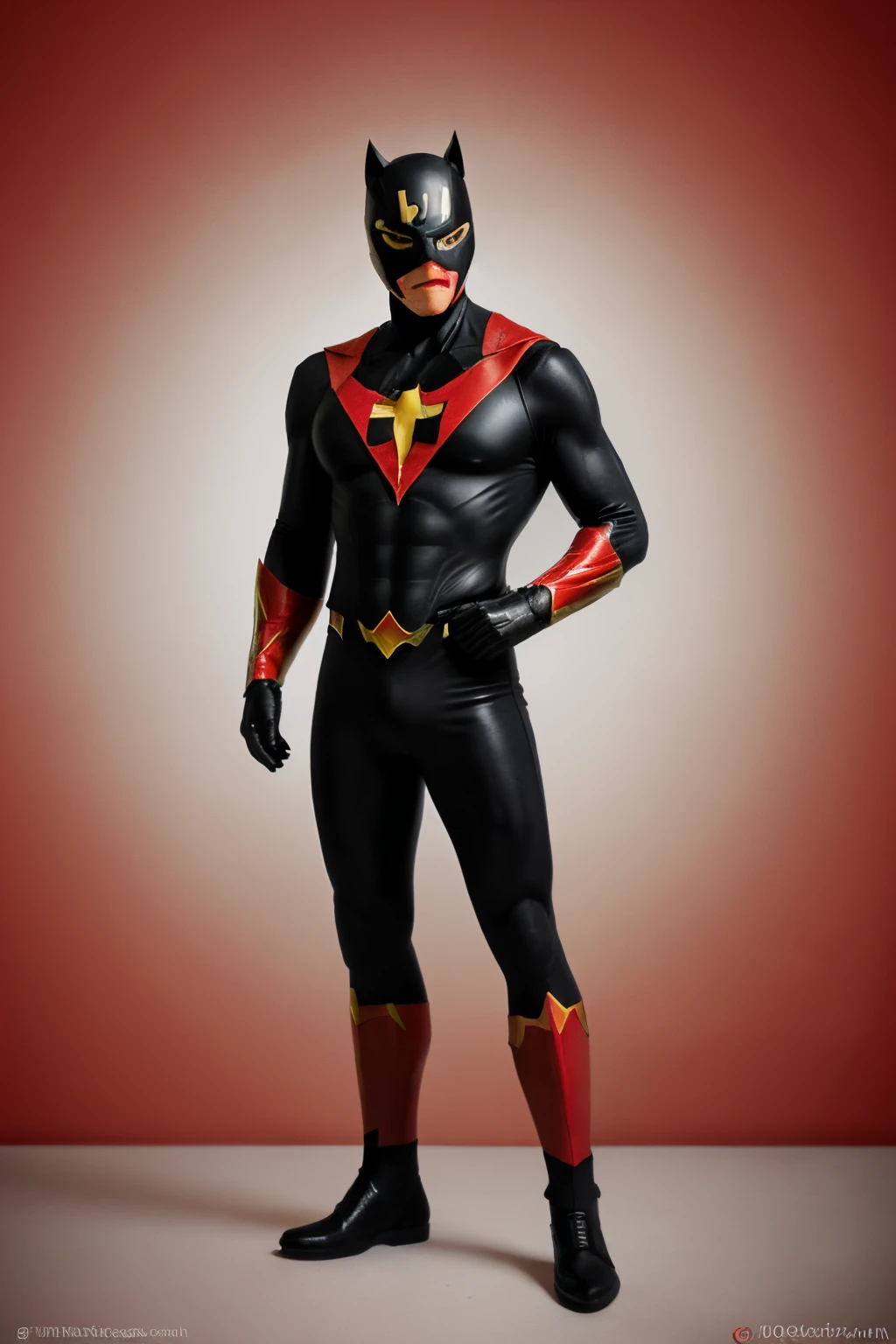 full body, cartoon, super hero, male, man, black hair, red costume, red and black mask, cartoonish, fantasy, ((best quality)), perfect face