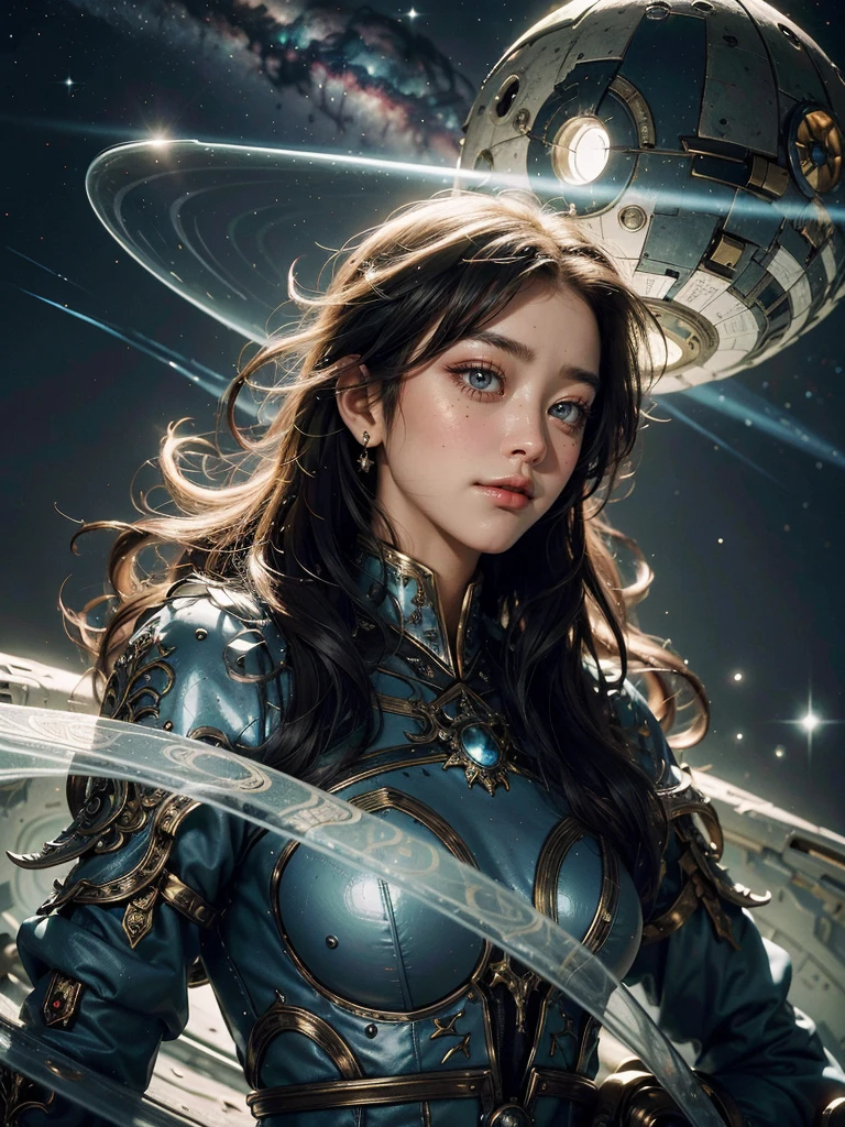 (best quality,4k,8k,highres,masterpiece:1.2),ultra-detailed,(realistic,photorealistic,photo-realistic:1.37),1girl in medieval clothes,(koh_amberheard:1.3),sci-fi spaceship,outer space,illustration,purple and blue color tones,mysterious lighting,star-filled background,detailed spaceship interior,cloak made of velvet,golden embroidery,enchanted atmosphere,ancient parchment map,advanced technology blending with ancient aesthetics,single light source casting dramatic shadows on the girl's face,luminous gauges and buttons on the spaceship control panel,reflection of stars on the girl's eyes,spacious spacecraft with intricate details,transparent dome revealing the vastness of space,powerful engines emitting blue flames,fragile and floating star fragments,ornate and intricate architectural elements,halo of light surrounding the girl,meticulously crafted medieval armor,medieval fantasy meets futuristic technology,artistic and ethereal composition,deep sense of wonder and adventure,enigmatic expression on the girl's face,floating books and scrolls with ancient spells and incantations,faint whispers of forgotten tales,powers of ancient magic intertwined with advanced science,spellbinding combination of past and future. edgQuality,antiBlurV2,CR1.3 , spaceship