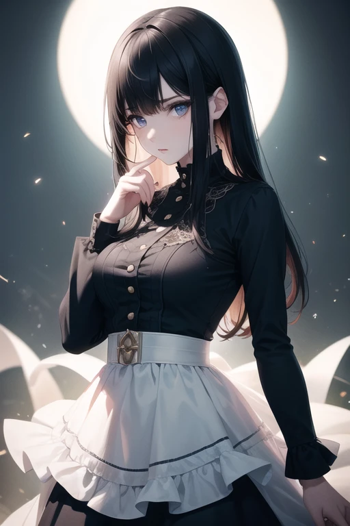 A woman with pale skin, Cabello negro lacio. ojos grandes y oscuros , with an intense and enigmatic expression. Llevar el estilo Orphan Movie Clothe, with a more elegant and sophisticated touch, algo que coincide con su misteriosa y fuerte personalidad. En general, Its appearance would be striking, atrayendo miradas curiosas e intrigadas. pecho grande, cinematic lighting
