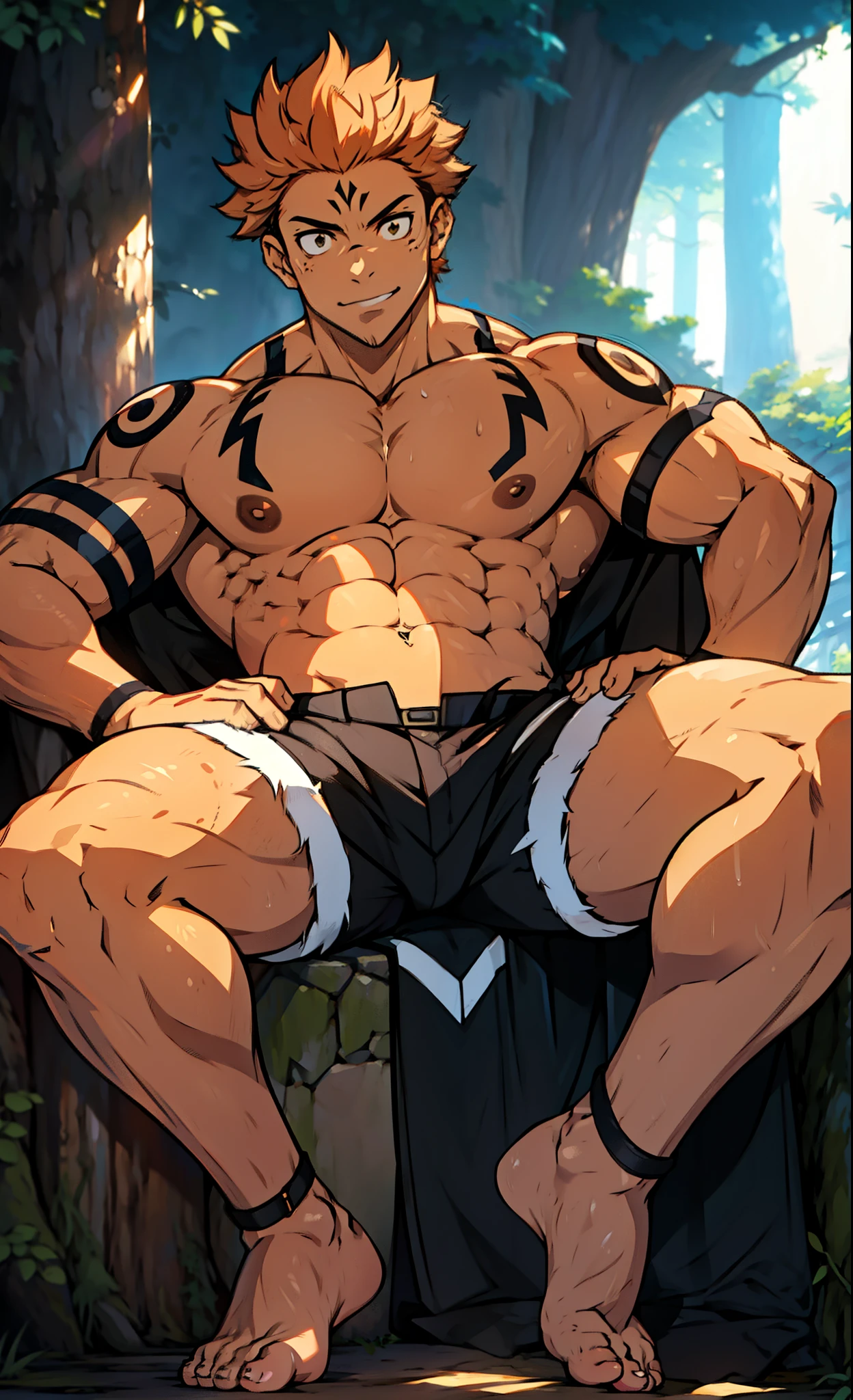 (canto da foto de baixo para cima) (imagem da mais alta qualidade) Lion man ,real, jovem, , vestindo shorts, virilha saliente, imagem de anime, sitting on ground, pernas bem abertas, male face, bonito rosto jovem, cabelo subcortado, huge muscle muscles of the chest, large strong thigh muscles, Biceps Sinewy muscles, Corpo enorme, corpo tonificado devido ao treinamento intenso, Well-developed muscles, ABS transparente de 8 embalagens, 3 metros de altura, topless, , pele brilhante, rede de suor pingando, hands on thighs, bare feet, Sem barba
