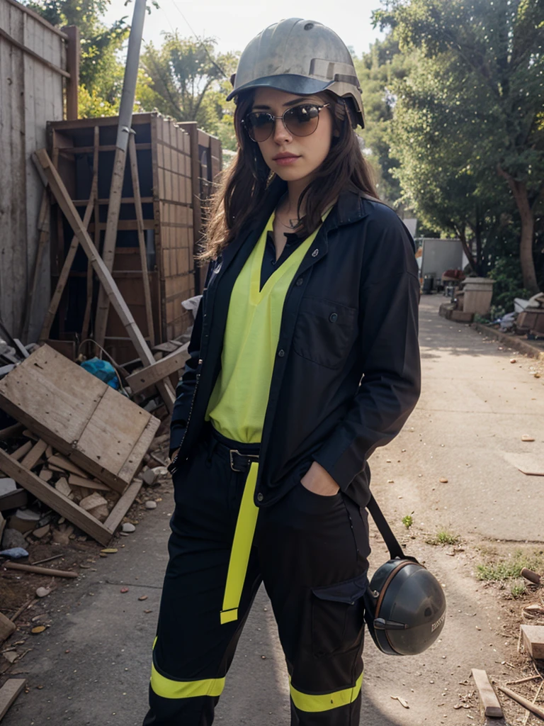 1 woman, RAW Photo, DSLR BREAK full-length portrait of a cute woman as a construction worker, detailed, sun rays, sunlight, cinematic lighting, professional color grading, ((woman is wearing a helmet, sunglasses safety, gloves, safety boots, comfortable and resistant work pants that have pockets to store tools, comfortable and breathable long-sleeved work shirt), in his hand he carries a round-headed hammer