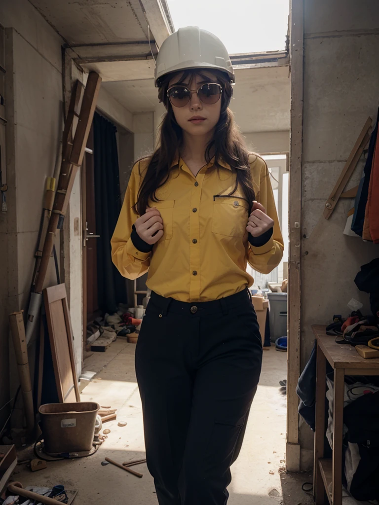 1 woman, RAW Photo, DSLR BREAK full-length portrait of a cute woman as a construction worker, detailed, sun rays, sunlight, cinematic lighting, professional color grading, ((woman is wearing a helmet, sunglasses safety, gloves, safety boots, comfortable and resistant work pants that have pockets to store tools, comfortable and breathable long-sleeved work shirt), in his hand he carries a round-headed hammer