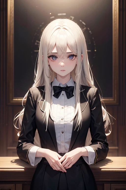 A woman with pale skin, Cabello negro lacio. ojos grandes y oscuros , with an intense and enigmatic expression. Llevar el estilo Orphan Movie Clothe, with a more elegant and sophisticated touch, algo que coincide con su misteriosa y fuerte personalidad. En general, Its appearance would be striking, atrayendo miradas curiosas e intrigadas. pecho grande, cinematic lighting