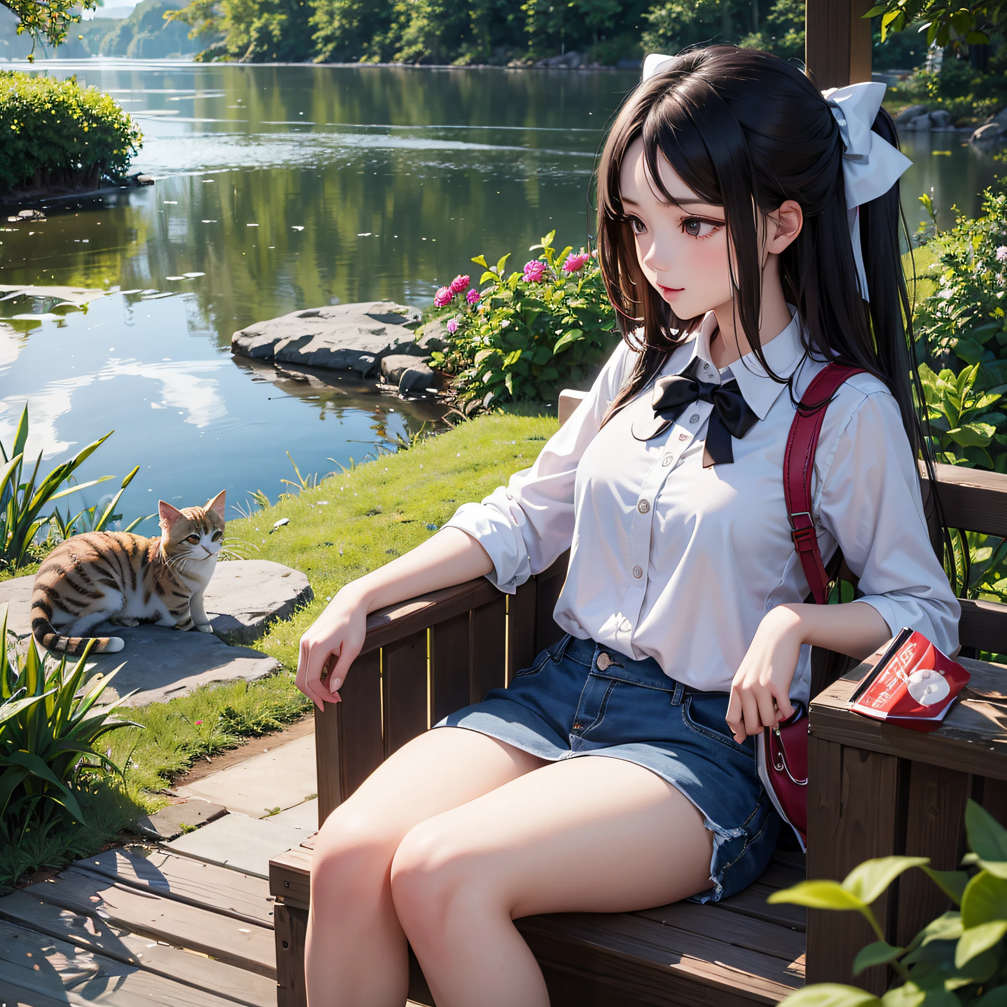 1girl, fishing, pond, picnic, highres, 2k, magnificent, 2k, cat, long dark hair, ribbon