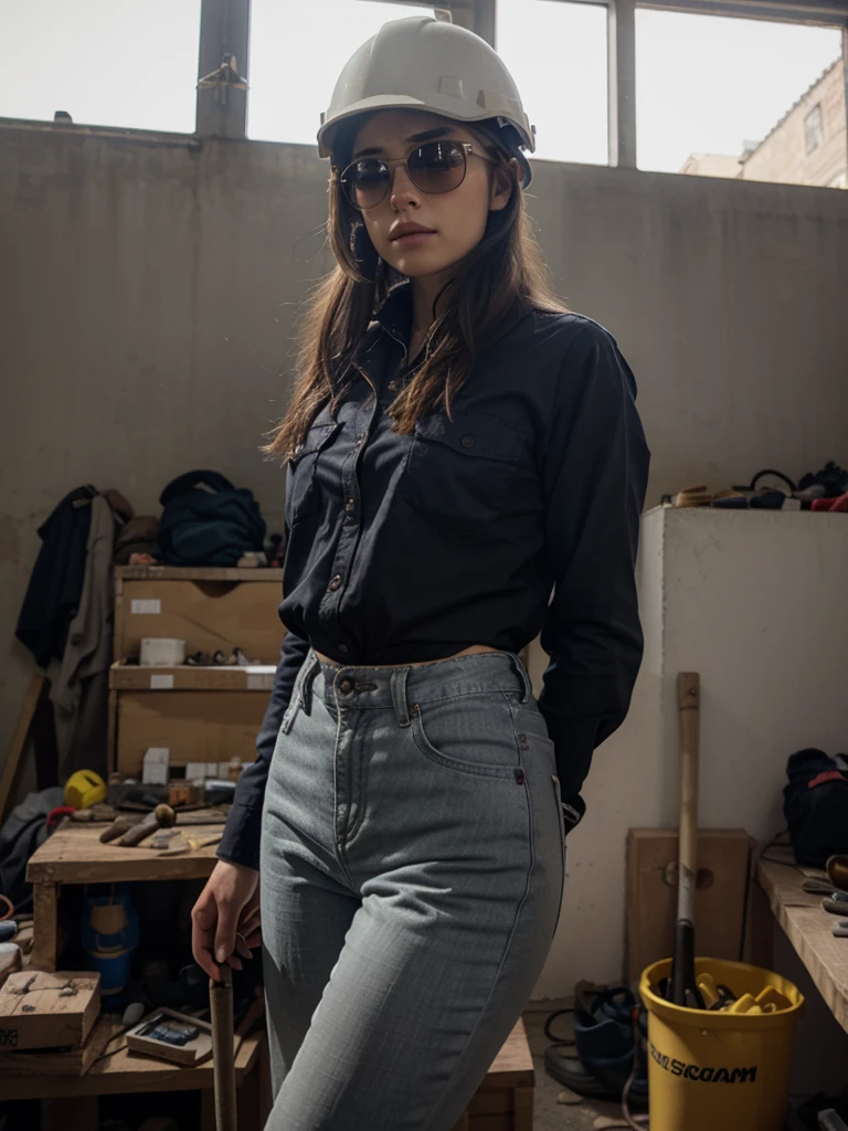 1 woman, RAW Photo, DSLR BREAK full-length portrait of a cute woman as a construction worker, detailed, sun rays, sunlight, cinematic lighting, professional color grading, ((woman is wearing a helmet, sunglasses safety, gloves, safety boots, comfortable and resistant work pants that have pockets to store tools, comfortable and breathable long-sleeved work shirt), in his hand he carries a round-headed hammer