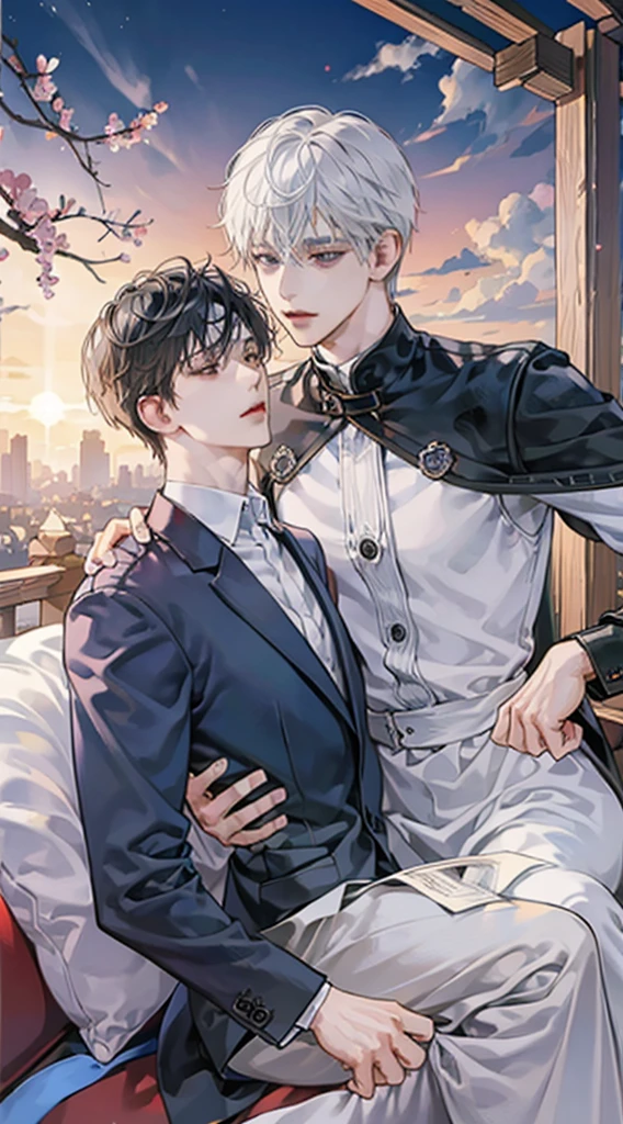 (in 8K, Raw photo, Best Quality, masutepiece:1.2), Best Quality, 超A high resolution,"masutepiece, Best Quality, Passionate and intimate embrace between two guys, One with white fox ears and short white hair, And the other one has short black hair., Evokes a powerful sense of love and desire, Gay Couple, I open my eyes."