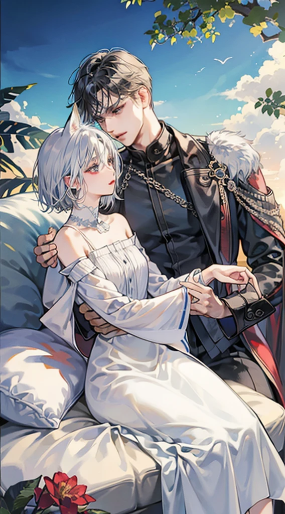 (in 8K, Raw photo, Best Quality, masutepiece:1.2), Best Quality, 超A high resolution,"masutepiece, Best Quality, Passionate and intimate embrace between two guys, One with white fox ears and short white hair, And the other one has short black hair., Evokes a powerful sense of love and desire, Gay Couple, I open my eyes."