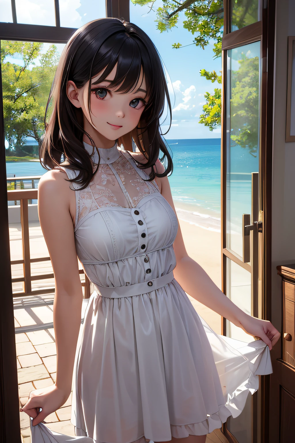 very cute and beautiful girl standing near the window,white sundress with small ruffles,
(very detailed beautiful face and eyes:1.2),white bedroom with outside view,Distant trees々and the sea,
Cowboy Shot,Smile,Medium Hair,Black hair,Dynamic Angle,(Best Quality,masutepiece:1.2),(Intricate details),
Extremely detailed,hight resolution,1 girl,Solo,Natural lighting,light Particle,Beautiful detailed sky,