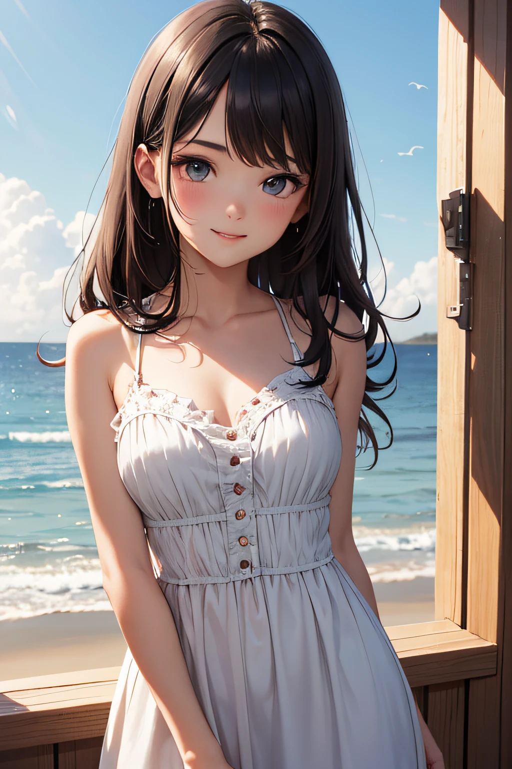 very cute and beautiful girl standing near the window,white sundress with small ruffles,
(very detailed beautiful face and eyes:1.2),white bedroom with outside view,Distant trees々and the sea,
Cowboy Shot,Smile,Medium Hair,Black hair,Dynamic Angle,(Best Quality,masutepiece:1.2),(Intricate details),
Extremely detailed,hight resolution,1 girl,Solo,Natural lighting,light Particle,Beautiful detailed sky,