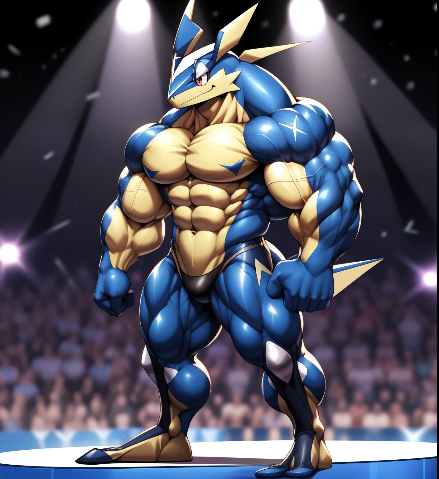 (Pokémon) A Greninja at the bodybuilding competition, on stage with other Greninja's bodybuilders at his side, wearing a tiny thong (metallic color: jet black thong) massive, huge muscular bodybuilder with extraordinary biceps, pecs, triceps, traps, waist narrow, gigachad