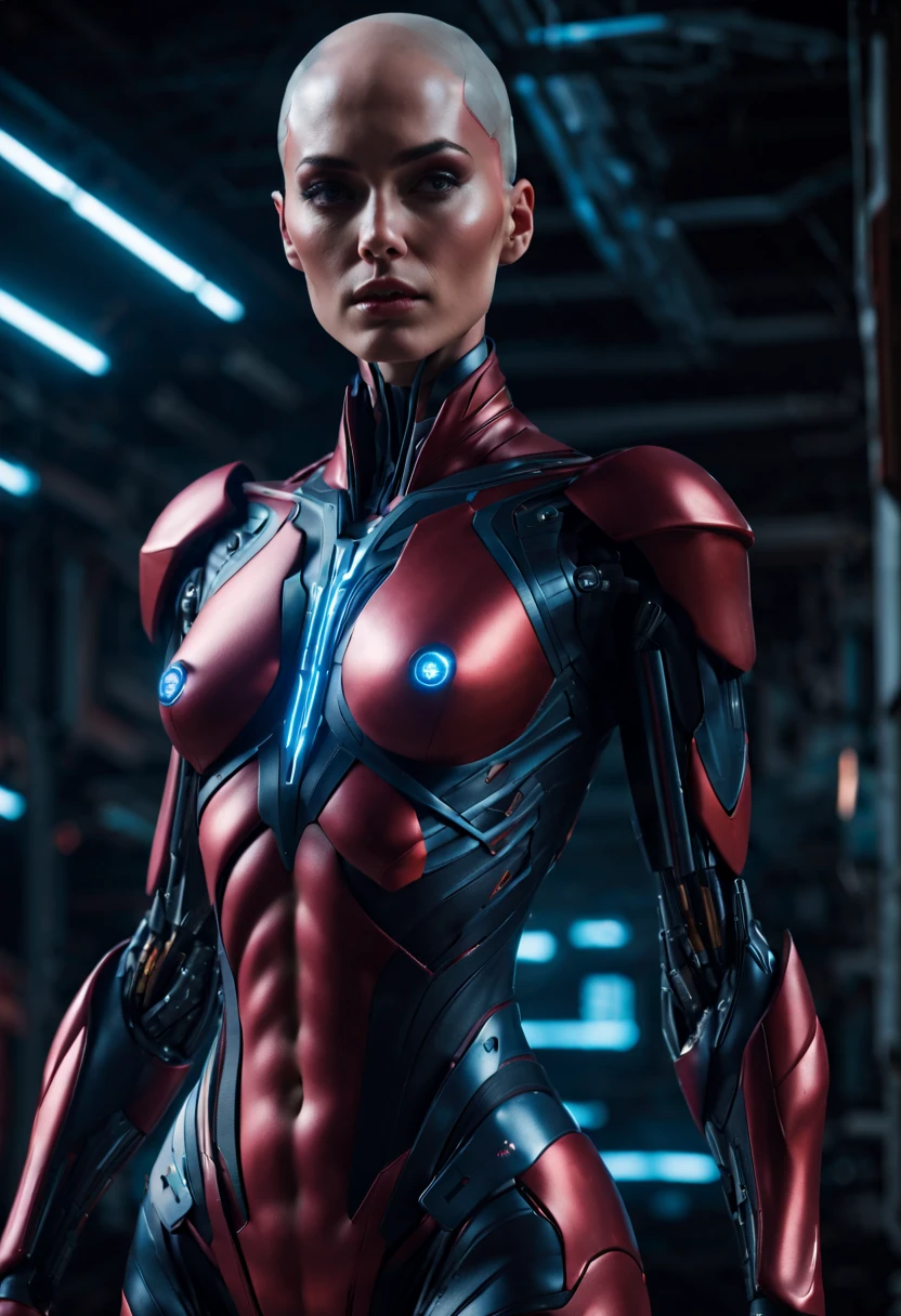 megan fox), Cinematic, hyper-detailed, and insanely detailed, perfect muscular anatomy of a bald super muscular female android girl. Beautiful color grading, enhancing the overall cinematic feel. Unreal Engine brings her anatomic cybernetic muscle suit to life, appearing even more mesmerizing. With the use of depth of field (DOF), every detail is focused and accentuated, drawing attention to her eyes and the intricate design of the anatomic cybernetic muscle suit . The image resolution is at its peak, utilizing super-resolution technology to ensure every pixel is perfect. Cinematic lighting enhances her aura, while anti-aliasing techniques like FXAA and TXAA keep the edges smooth and clean. Adding realism to the anatomic cybernetic muscle suit, RTX technology enables ray tracing. Additionally, SSAO (Screen Space Ambient Occlusion) gives depth and realism to the scene, the girl's anatomic cybernetic muscle suit become even more convincing. In the post-processing and post-production stages, tone mapping enhances the colors, creating a captivating visual experience. The integration of CGI (Computer-Generated Imagery) and VFX (Visual Effect brings out the anatomic cybernetic muscle suit's intricate features in a seamless manner. SFX (Sound Effects) complement the visual artistry, immersing the viewer further into this fantastic world. The level of detail is awe-inspiring, with intricate elements meticulously crafted, the artwork hyper maximalist and hyper-realistic. Volumetric effects add depth and dimension, and the photorealism is unparalleled. The image is rendered in 8K resolution, ensuring super-detailed visuals. The volumetric lightning adds a touch of magic, highlighting her beauty and the aura of her anatomic cybernetic muscle suit in an otherworldly way. High Dynamic Range (HDR) technology makes the colors pop, adding richness to the overall composition. Ultimately, this artwork presents an unreal portrayal of a super muscled cybernetic female android