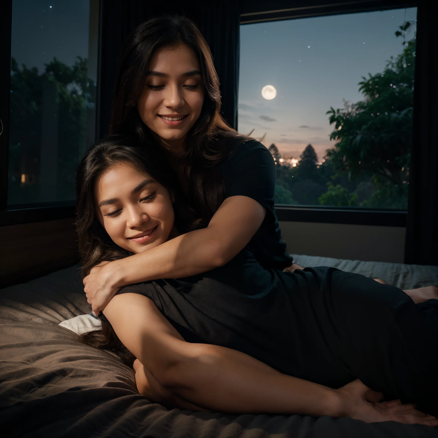 handsome man with shoulder length hair wearing a black t-shirt sleeping hugging a beautiful Indonesian woman wearing a dress, smiling, window, realistic, full body, bed, night scene, room lights, moon, trees, blue clouds, face facing the viewer, daytime scene , Ultra graphics, night light, Intricate details, realistic, beautiful views, HD 8K details