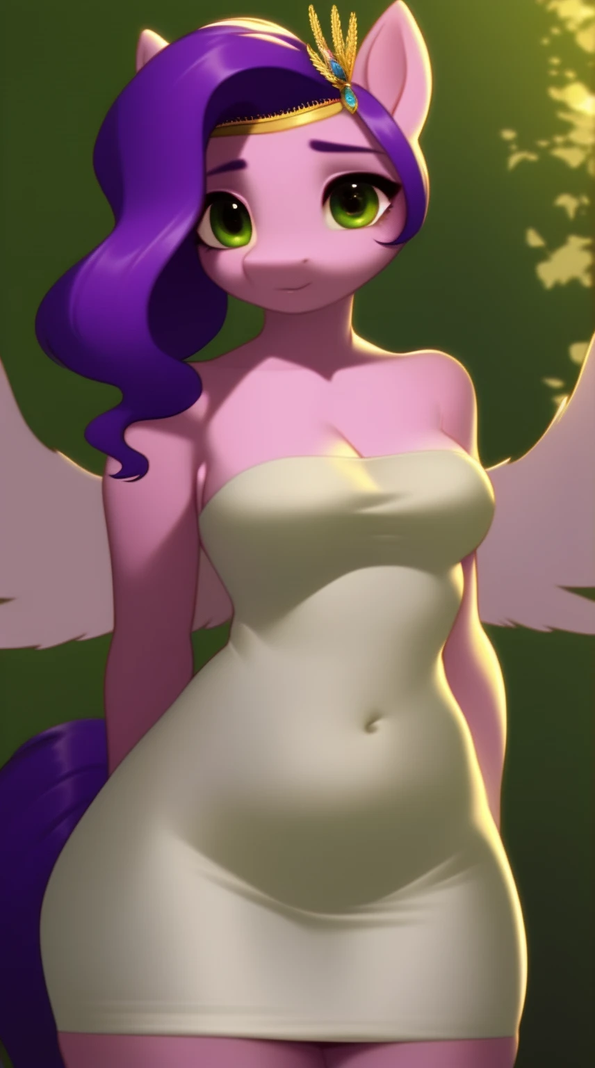 (score_9), (source_pony), (solo), (pegasus), ((anthro pipp petals :1.1)), (strapless tight dress), sexy, nervous , long hair, anatomically correct, night garden, standing near fountain, small breasts, half body, anime art style, solo, light purple fur, green eyes, arms behind back, hourglass figure, curvy, wide hips, plump body, young, short, chubby
