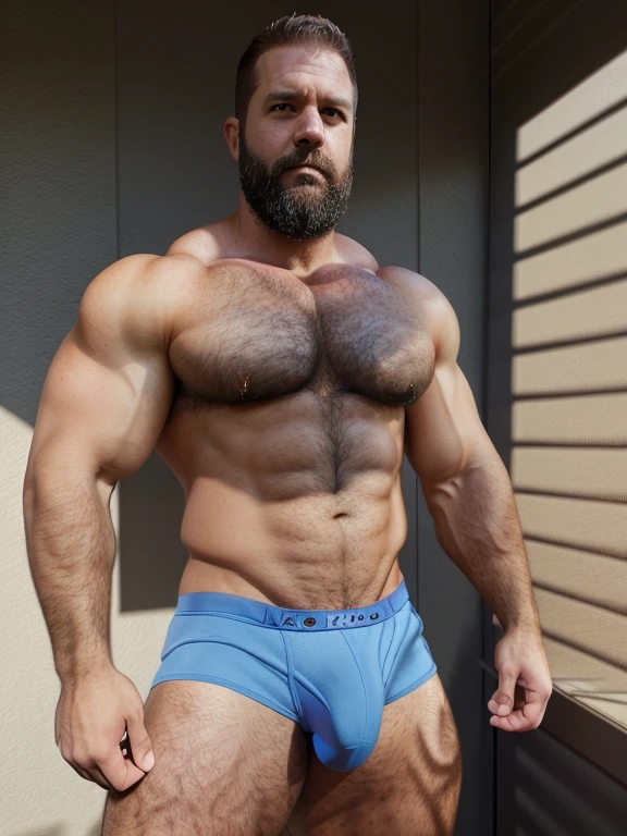 Natural lighting and better shadows, deep field, Full body man portrait man of a 40-year-old man stunningly handsome muscles, compete body, handsome face, beard, attractive eyes, underwear thong, town colorful, over exposure, photo real, sexy, sharp, center, hairy((stocky)), dadbody