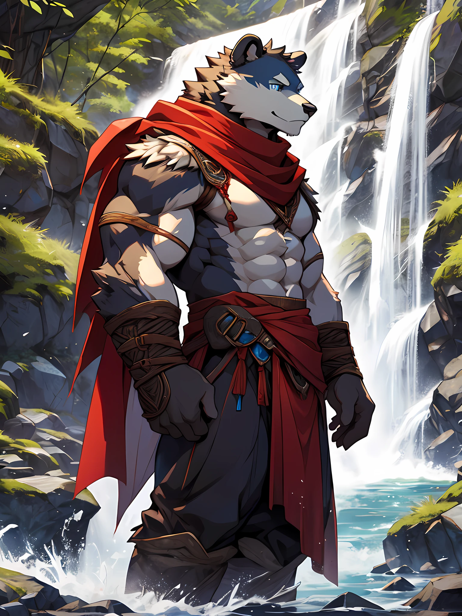 furry,bara,white bear,Blue Eyes,muscular,Wear an adventurer&#39;s outfit&#39;The costume of,There is a red cloth..,red neckerchief,Behind is a mountain..,There is a waterfall.,Standing on the rocks by the waterfall,High resolution HDR images,10