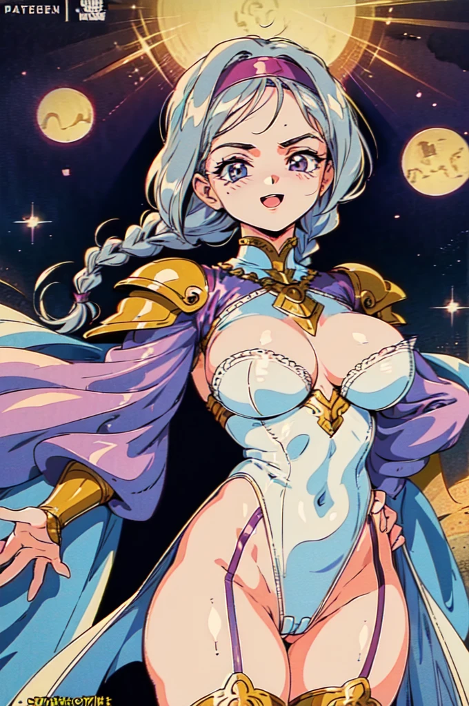 "(masterpiece:1.1), best quality,
1girl, (80s anime style:1.3), (eyelashes:1.5), (:1.2),
(intricate high detailed body:1.2),
(silver hair:1.1), (hair slicked back:1.2), (twin braids:1.1), (headband:1.2),
purple eyes,
(curvy body:1.1), (gigantic breasts:1.1),
(angry, smile:1.2), open mouth,
(golden embroidery leotard armor:1.2), (garter belt:1.2),
(knight armor, armored boots:1.2), (fur:1.1), (jewelry:1.1), neckwear,
standing,
(upper body, cowboy shot, looking at viewer, from front:1.1),
(daytime, grassland, outdoors:1.1)"