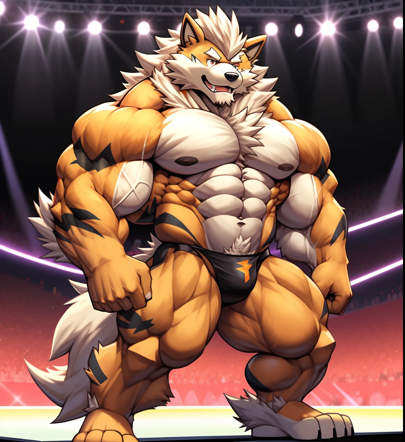 (Pokémon) A Arcanine at the bodybuilding competition, on stage with other Arcanine's bodybuilders at his side, wearing a tiny thong (metallic color: jet black thong) massive, huge muscular bodybuilder with extraordinary biceps, pecs, triceps, traps, waist narrow, gigachad